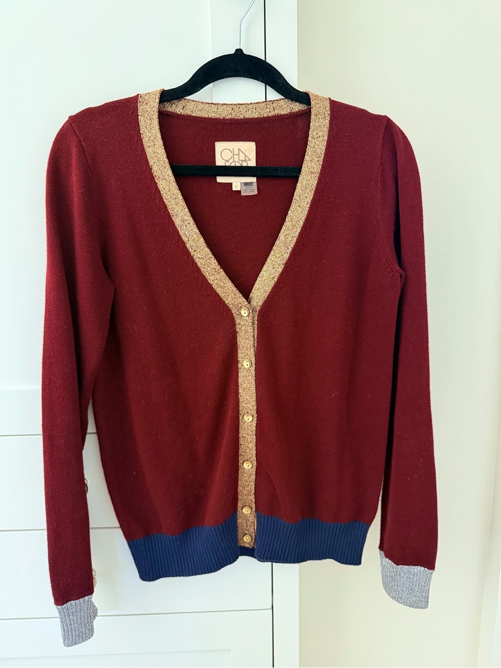 Chaser Burgundy Cardigan with Gold Trim and Navy Hem